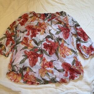 Chaps Denim Blouse Floral Peasant Cotton Multicolor Lily Print 3/4 Sleeve L